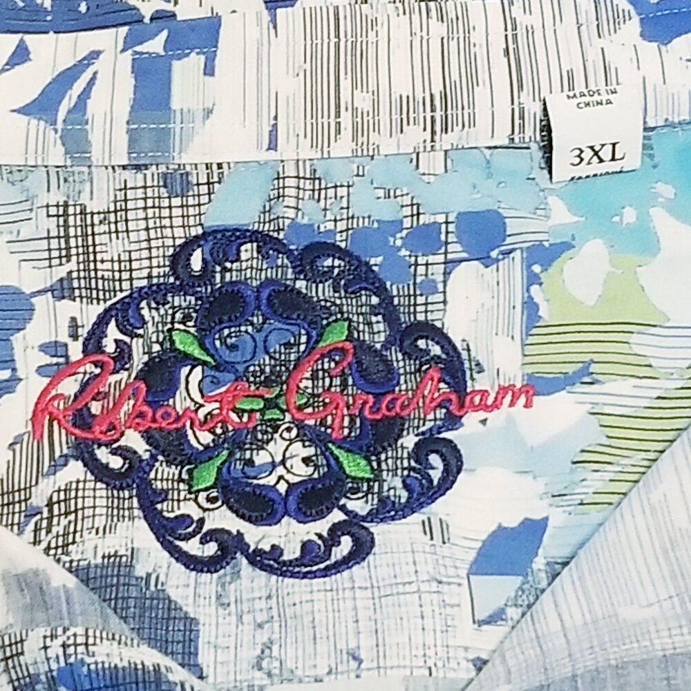 Robert Graham Shirt Men Size 3XL Blue White Green Floral Plaid Hawaiian Vacation - Picture 4 of 5